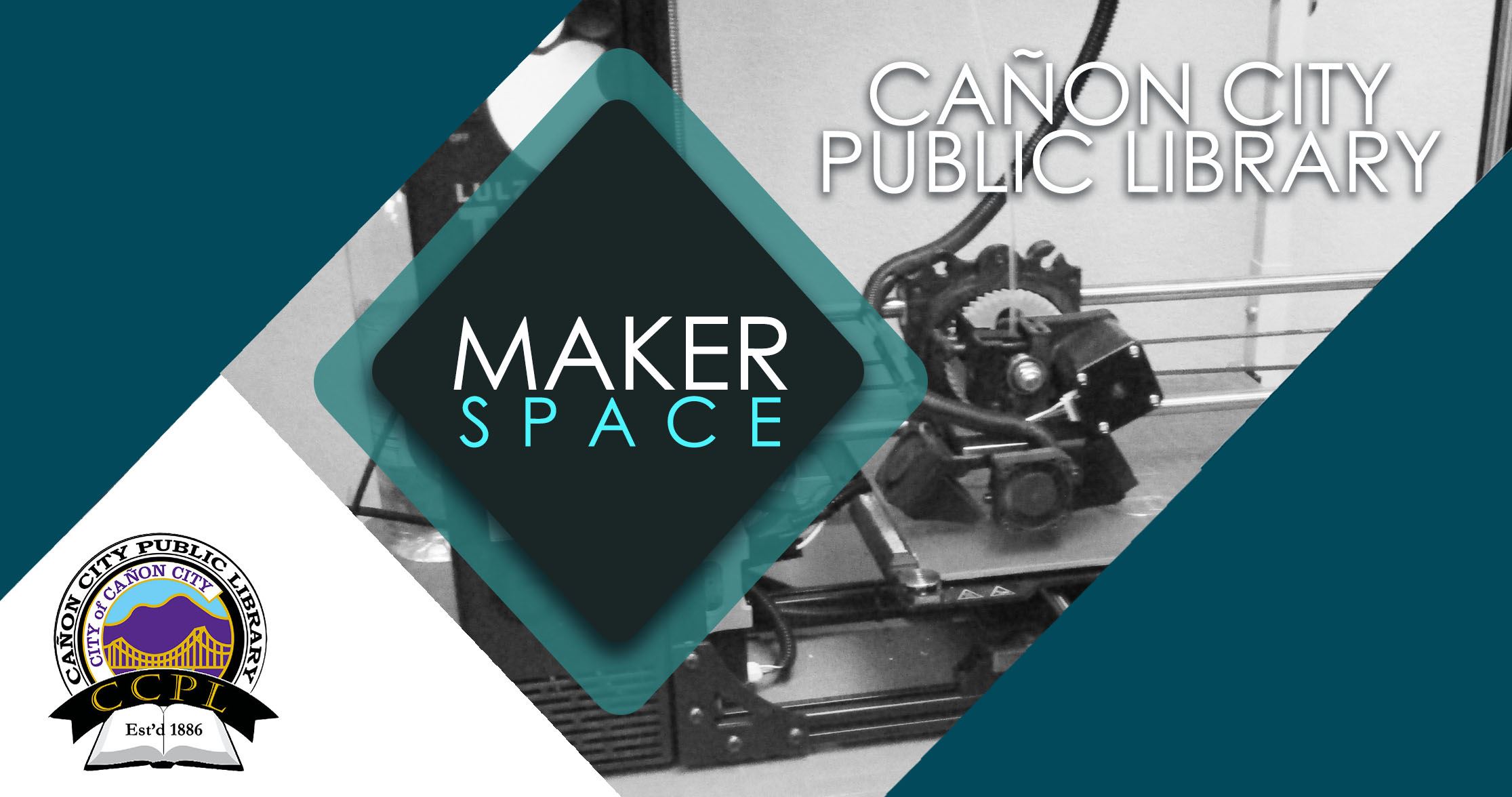 Picture of Canon City Public Library and MakerSpace Logo with 3d printer in background