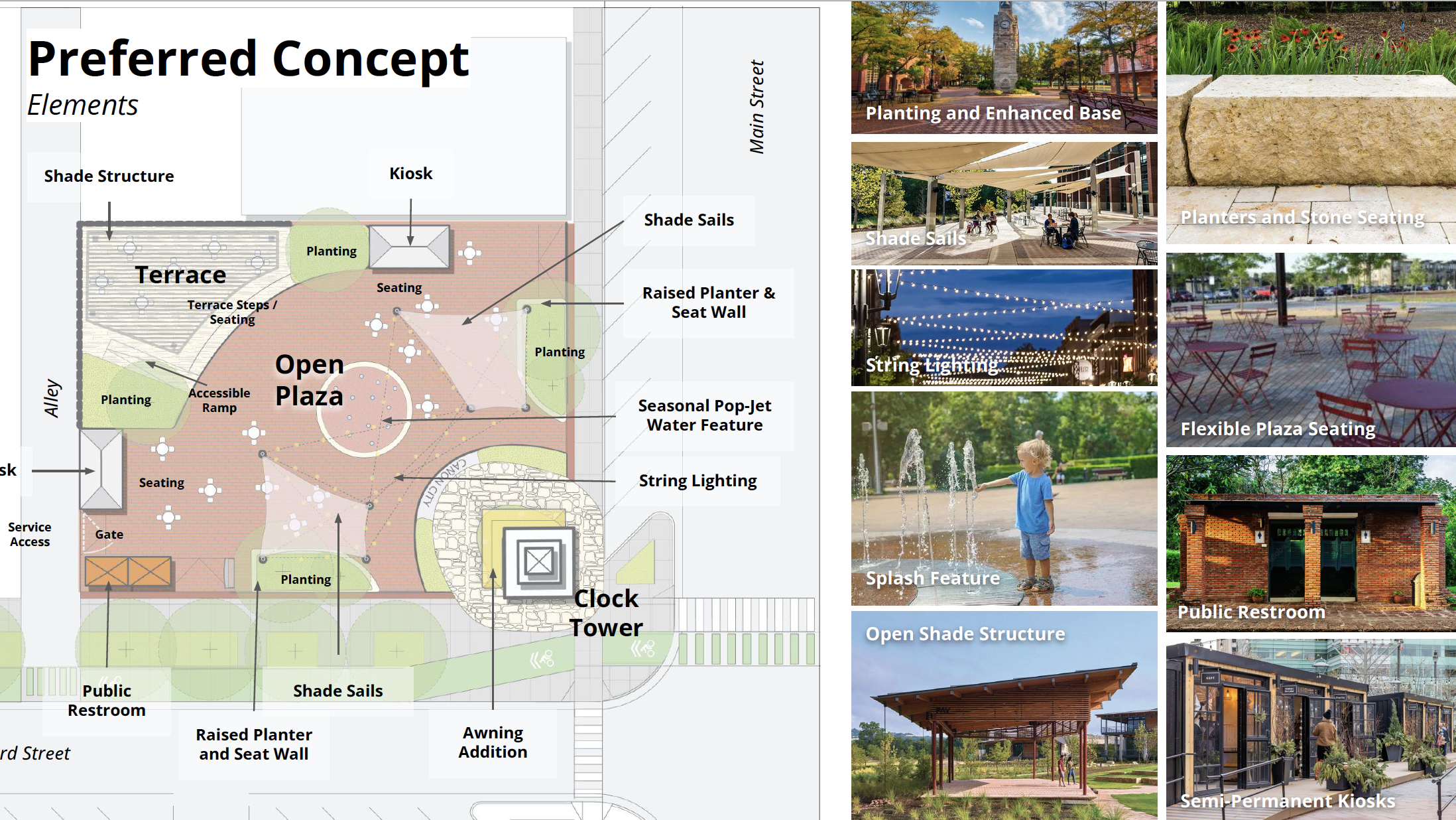 Architectural drawing of plans of the Clock Tower Plaza space and photos of building materials.
