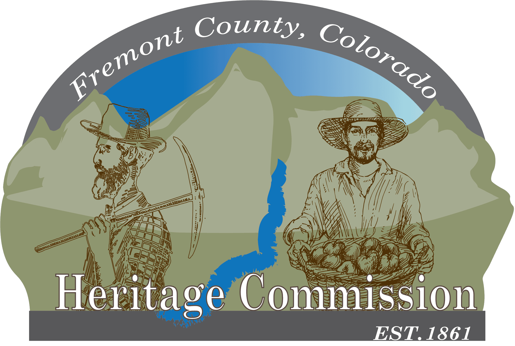 Logo of Fremont County Heritage Commission. Graphic of pioneers and mountains and river. Opens in new window