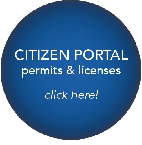 Round blue ball with words \"Citizen Portal, permits and licenses, click here\"